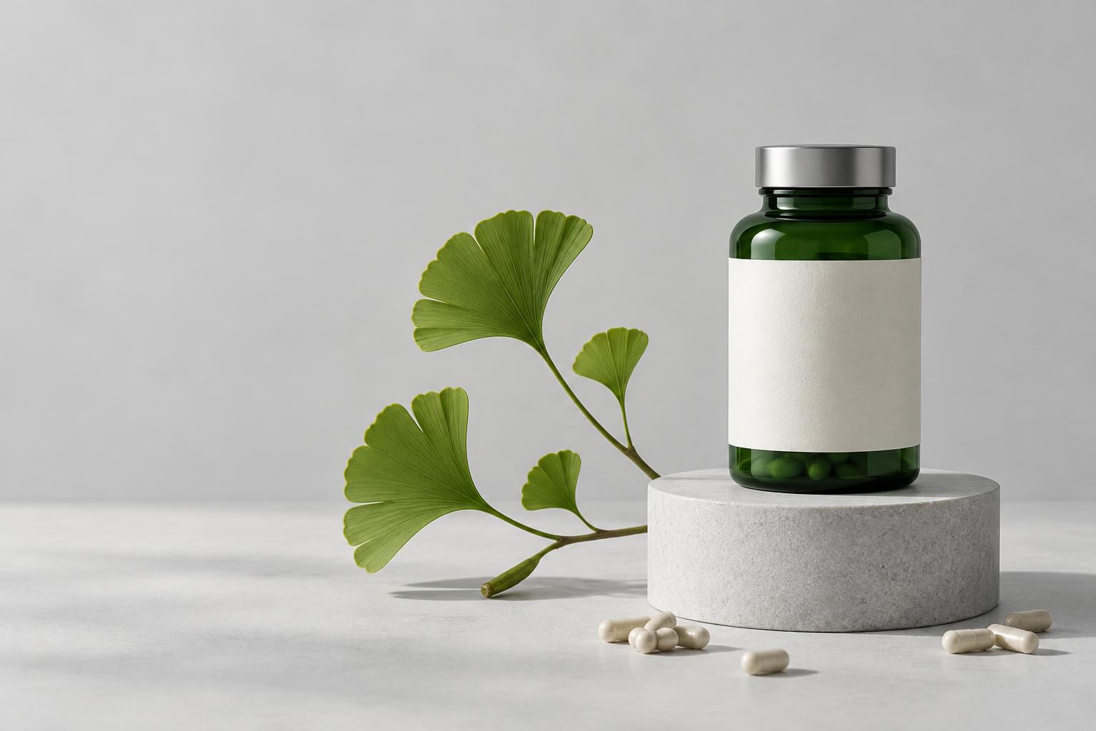 Illustrative unbranded supplement bottle on a stone pedestal beside a green botanical branch