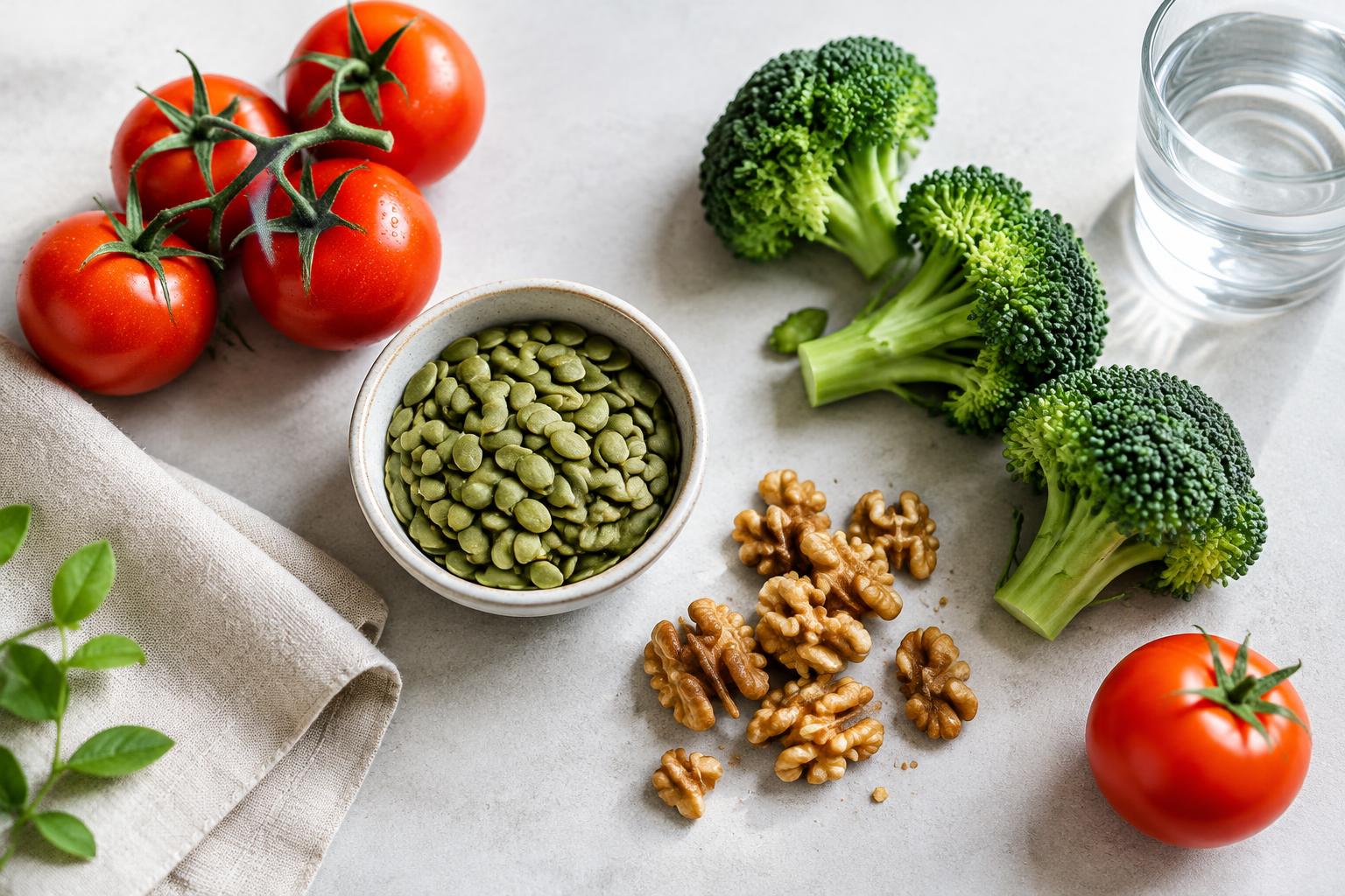 Illustrative balanced food selection with pumpkin seeds, tomatoes, walnuts, broccoli and water